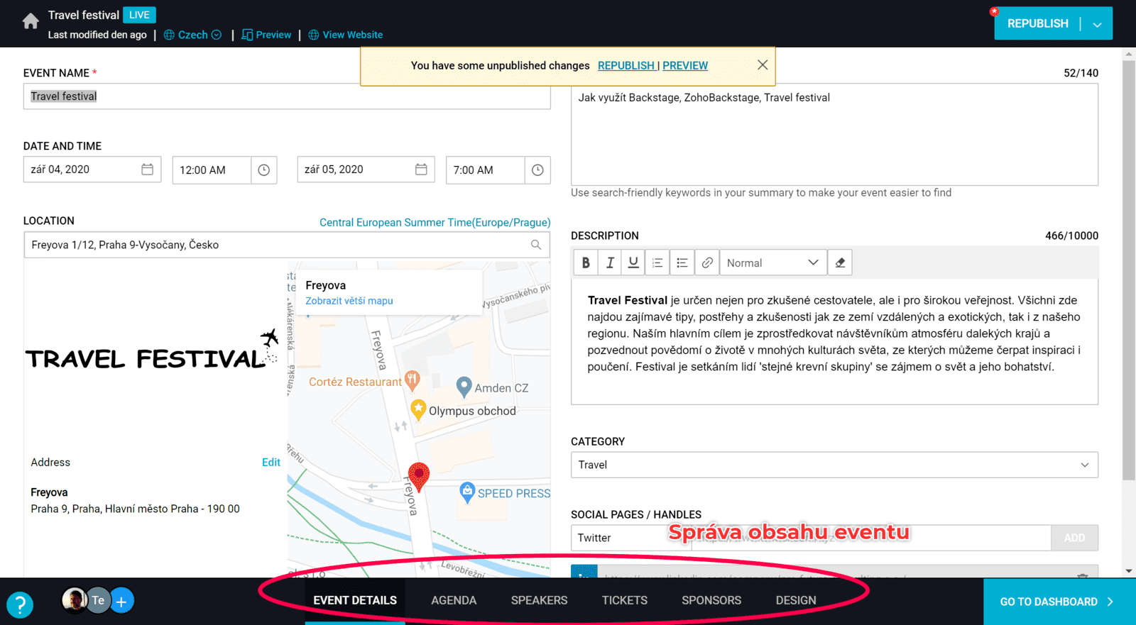 Tabloul de bord al festivalului ZOHO BackStage Travel
