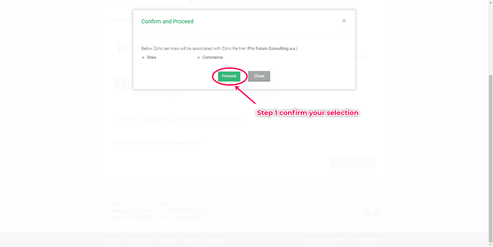 Zoho services confirm popup 